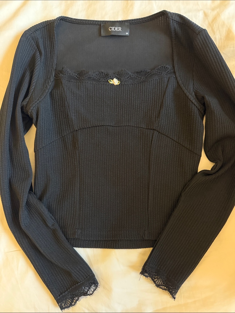 Cider Black Ribbed Lace-Trim Square Neck Top